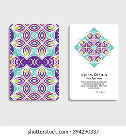 multicolored set of business cards with hand drawn tribal ornament, for greeting, invitation card, or cover. Vector illustration