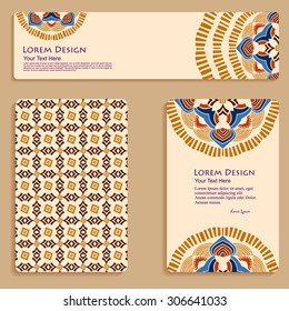 multicolored set of business cards and header templates with hand drawn tribal ornament, mandala, for greeting, invitation card, or cover. Vector illustration