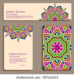multicolored set of business cards and header templates with hand drawn tribal ornament, mandala, for greeting, invitation card, or cover. Vector illustration