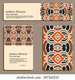 multicolored set of business cards and header templates with hand drawn tribal ornament, mandala, for greeting, invitation card, or cover. Vector illustration
