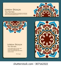 multicolored set of business cards and header templates with hand drawn tribal ornament, mandala, for greeting, invitation card, or cover. Vector illustration