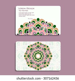 multicolored set of business cards and header templates with hand drawn tribal ornament, mandala, for greeting, invitation card, or cover. Vector illustration