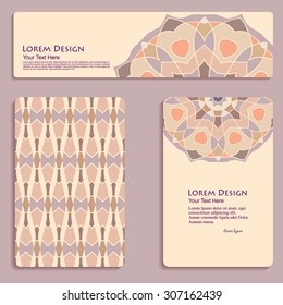 multicolored set of business cards and header templates with hand drawn tribal ornament, mandala, for greeting, invitation card, or cover. Vector illustration