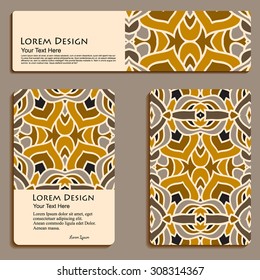 multicolored set of business cards and header templates with hand drawn tribal ornament, mandala, for greeting, invitation card, or cover. Vector illustration