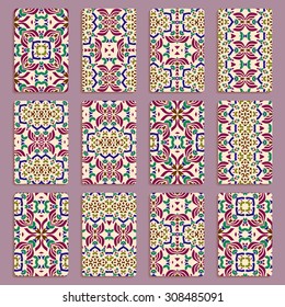 multicolored set of business cards and header templates with hand drawn tribal ornament, mandala, for greeting, invitation card, or cover. Vector illustration