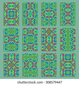 multicolored set of business cards and header templates with hand drawn tribal ornament, mandala, for greeting, invitation card, or cover. Vector illustration