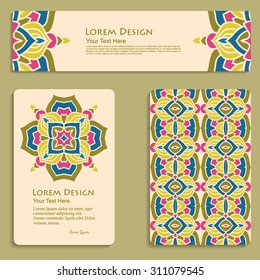 multicolored set of business cards and header templates with hand drawn tribal ornament, mandala, for greeting, invitation card, or cover. Vector illustration