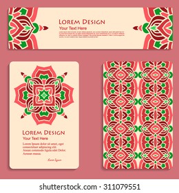 multicolored set of business cards and header templates with hand drawn tribal ornament, mandala, for greeting, invitation card, or cover. Vector illustration