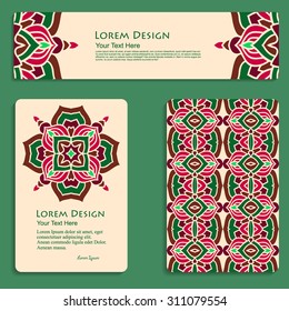 multicolored set of business cards and header templates with hand drawn tribal ornament, mandala, for greeting, invitation card, or cover. Vector illustration