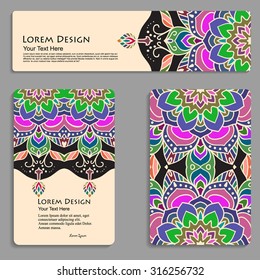 multicolored set of business cards and header templates with hand drawn tribal ornament, mandala, for greeting, invitation card, or cover. Vector illustration