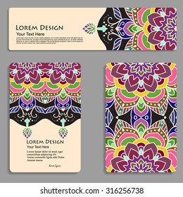 multicolored set of business cards and header templates with hand drawn tribal ornament, mandala, for greeting, invitation card, or cover. Vector illustration