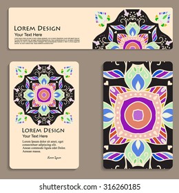 multicolored set of business cards and header templates with hand drawn tribal ornament, mandala, for greeting, invitation card, or cover. Vector illustration