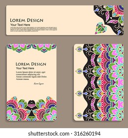 multicolored set of business cards and header templates with hand drawn tribal ornament, mandala, for greeting, invitation card, or cover. Vector illustration