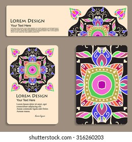 multicolored set of business cards and header templates with hand drawn tribal ornament, mandala, for greeting, invitation card, or cover. Vector illustration