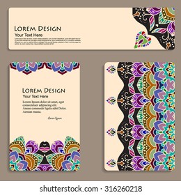 multicolored set of business cards and header templates with hand drawn tribal ornament, mandala, for greeting, invitation card, or cover. Vector illustration