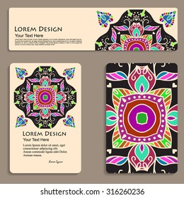 multicolored set of business cards and header templates with hand drawn tribal ornament, mandala, for greeting, invitation card, or cover. Vector illustration