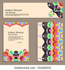 multicolored set of business cards and header templates with hand drawn tribal ornament, mandala, for greeting, invitation card, or cover. Vector illustration