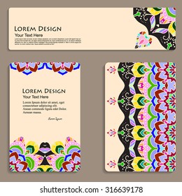 multicolored set of business cards and header templates with hand drawn tribal ornament, mandala, for greeting, invitation card, or cover. Vector illustration