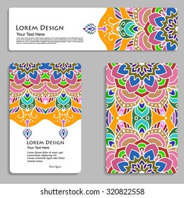 multicolored set of business cards and header template with hand drawn tribal ornament, mandala, for greeting, invitation card, or cover. Vector illustration