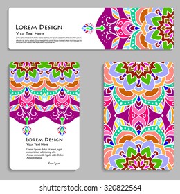 multicolored set of business cards and header template with hand drawn tribal ornament, mandala, for greeting, invitation card, or cover. Vector illustration
