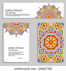 multicolored set of business cards and header template with hand drawn tribal ornament, mandala, for greeting, invitation card, or cover. Vector illustration