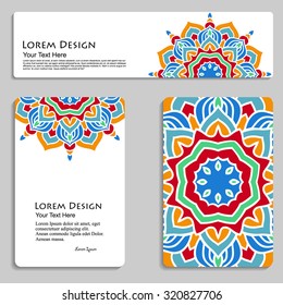 multicolored set of business cards and header template with hand drawn tribal ornament, mandala, for greeting, invitation card, or cover. Vector illustration