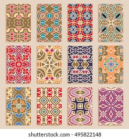 multicolored set of business cards and header templates with hand drawn tribal ornament, mandala, for greeting, invitation card, or cover. Vector illustration