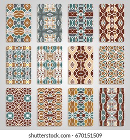 multicolored set of business cards and header templates with hand drawn tribal ornament, mandala, for greeting, invitation card, or cover. Vector illustration