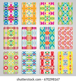multicolored set of business cards and header templates with hand drawn tribal ornament, mandala, for greeting, invitation card, or cover. Vector illustration