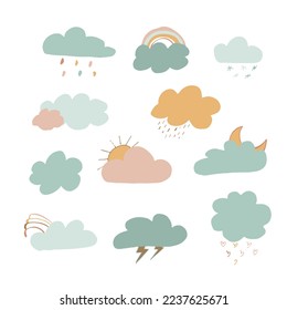 multicolored Set of clouds flat cartoon. Vector flat cartoon illustration for web sites and banners design.
