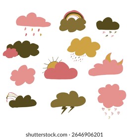 multicolored Set of clouds flat cartoon. Vector flat cartoon illustration for web sites and banners design.