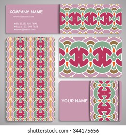 multicolored set of four business card and header templates with hand drawn tribal ornament, for greeting, invitation card, or cover. Vector illustration