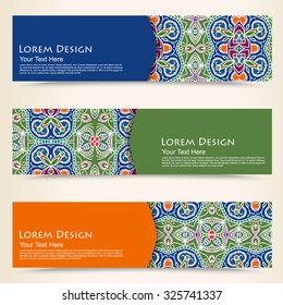 multicolored set of horizontal banner templates with hand drawn tribal ornament, mandala. Vector illustration