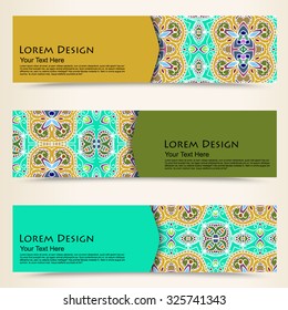 multicolored set of horizontal banner templates with hand drawn tribal ornament, mandala. Vector illustration