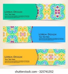 multicolored set of horizontal banner templates with hand drawn tribal ornament, mandala. Vector illustration
