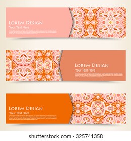 multicolored set of horizontal banner templates with hand drawn tribal ornament, mandala. Vector illustration