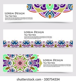 multicolored set of horizontal banner templates with hand drawn tribal ornament, mandala. Vector illustration