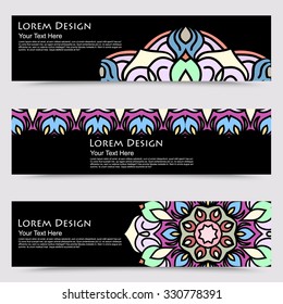 multicolored set of horizontal banner templates with hand drawn tribal ornament, mandala. Vector illustration
