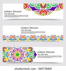 multicolored set of horizontal banner templates with hand drawn tribal ornament, mandala. Vector illustration