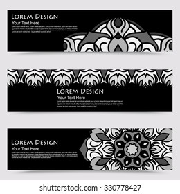 multicolored set of horizontal banner templates with hand drawn tribal ornament, mandala. Vector illustration