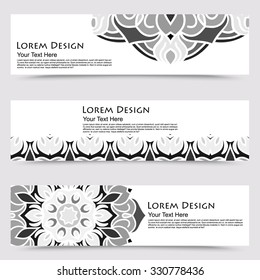 multicolored set of horizontal banner templates with hand drawn tribal ornament, mandala. Vector illustration