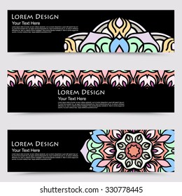 multicolored set of horizontal banner templates with hand drawn tribal ornament, mandala. Vector illustration