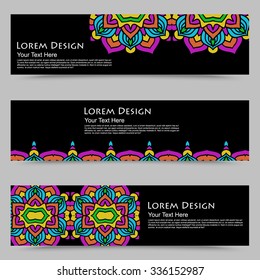 multicolored set of horizontal banner templates with hand drawn tribal ornament, mandala. Vector illustration