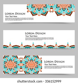 multicolored set of horizontal banner templates with hand drawn tribal ornament, mandala. Vector illustration