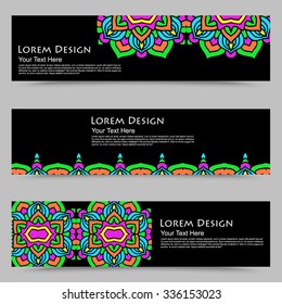 multicolored set of horizontal banner templates with hand drawn tribal ornament, mandala. Vector illustration