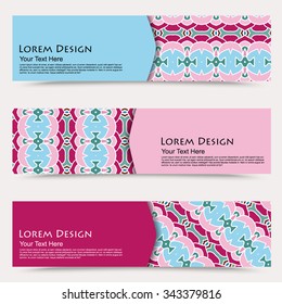 multicolored set of horizontal banner templates with hand drawn tribal ornament, mandala. Vector illustration
