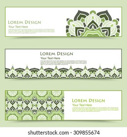 multicolored set of horizontal banners templates with hand drawn tribal ornament, mandala. Vector illustration