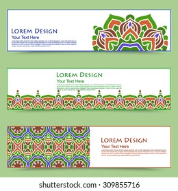 multicolored set of horizontal banners templates with hand drawn tribal ornament, mandala. Vector illustration