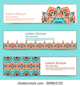 multicolored set of horizontal banners templates with hand drawn tribal ornament, mandala. Vector illustration