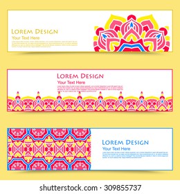 multicolored set of horizontal banners templates with hand drawn tribal ornament, mandala. Vector illustration